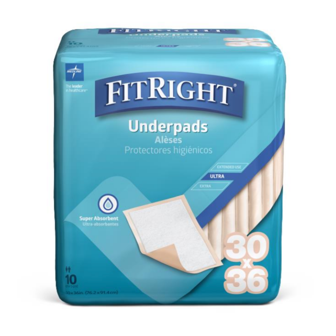 A package of Medline FitRight Underpads features the brand name, English and Spanish description, 30 x 36 inch size, pack of 10 pads, plus a diagram highlighting superior absorbency and odor control.